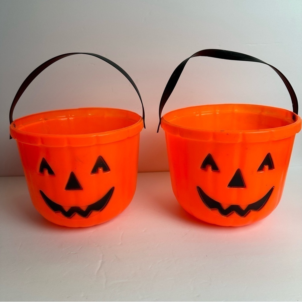 Vintage Blow Mold Jack O' Lantern Pumpkin Buckets Trick Or Treat (Set of 2)